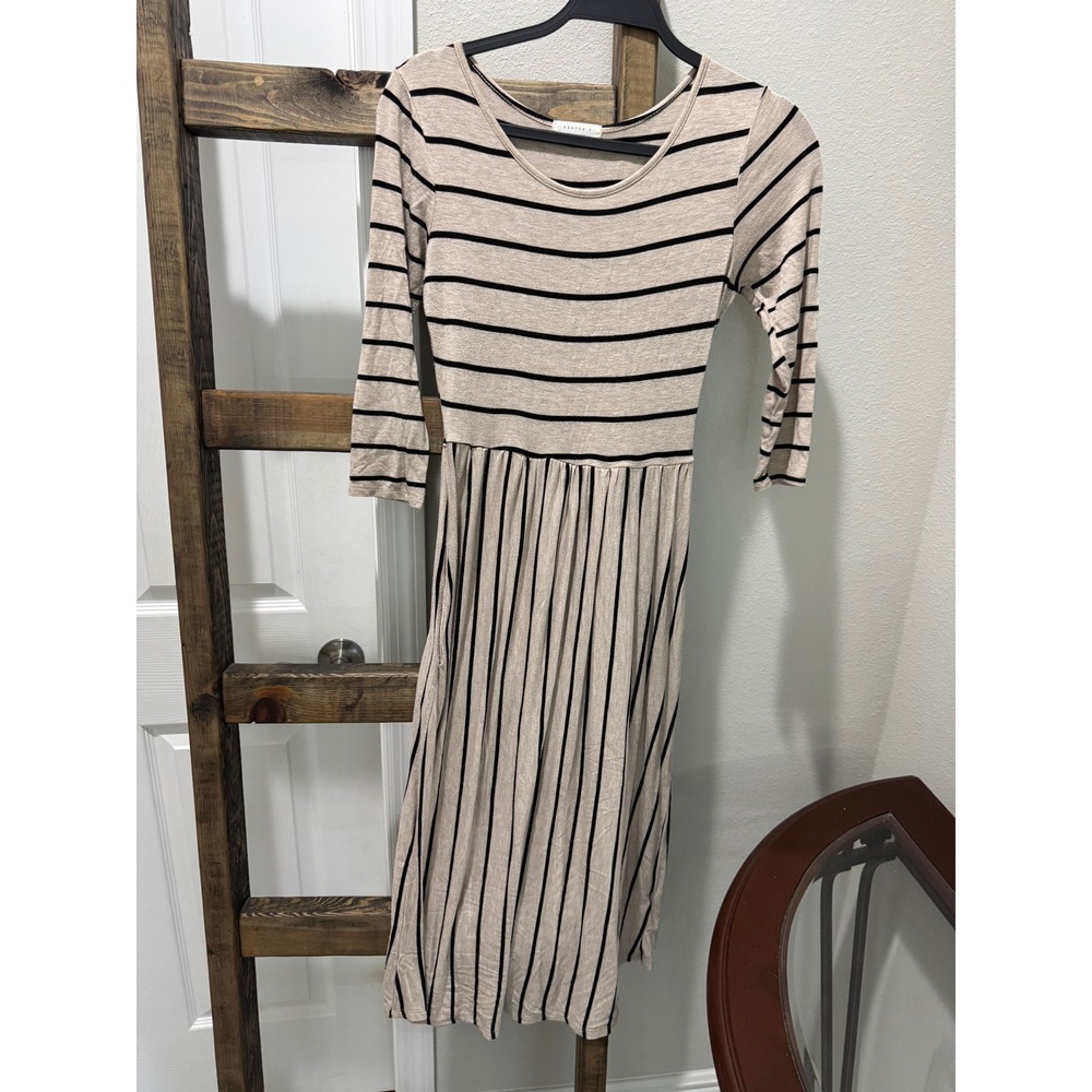 Reborn J Womens Tan Black Striped Midi Dress Pockets 3/4 Sleeve Medium T7737-ST4